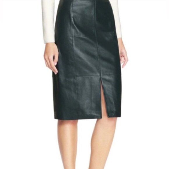 White House Black Market Pencil Leather Skirt Black Midi Size 10
